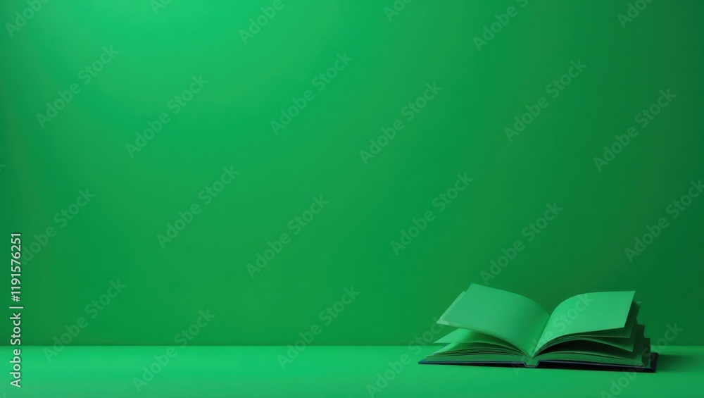 Poster emerald green open book on left. soft pink background. copy space for text, 3d render ai generated d