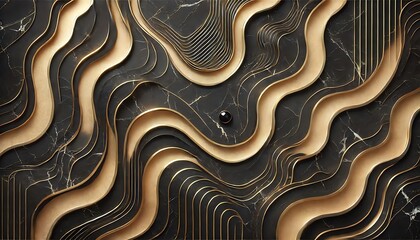 Black marble texture with soft golden geometric waves, luxurious minimalist design, seamless and premium artistic background, generative ai