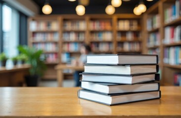 Book stack on the desk in public library