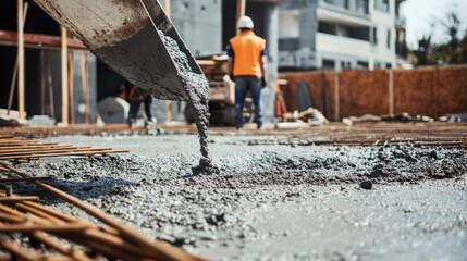 A construction site with workers pouring concrete into a foundation, with rebar and mixers in the background, Foundation construction scene