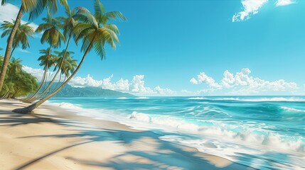 Obraz premium A tranquil beach scene featuring swaying palm trees and gentle waves under a clear blue sky.