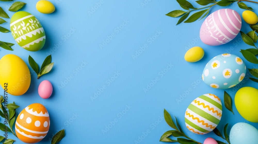 Poster an overhead easter backdrop with colorful eggs and generous space for adding text