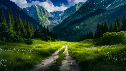 Fototapeta premium A dirt road in the middle of a lush green field with mountains in the background