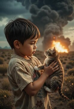 a little boy holding a kitten in his arms as they gaze at each other, with an explosion in the distance.