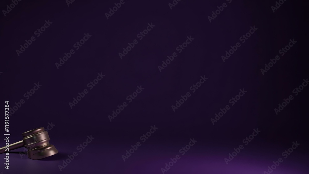 Poster gavel in purple on right. soft white background. copy space for text, 3d render ai generated designe