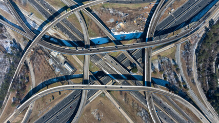 Atlanta, spaghetti junction, junction, top down, roadway, curve, interstate, drone view, turnaround, navigation, roads, expressway, travel, infrastructure, urban, transportation, transport, green