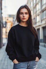 A young woman stands confidently on a city street, wearing a black sweatshirt mockup and jeans. Her long hair flows freely as she gazes directly at the camera, with urban buildings in the background.