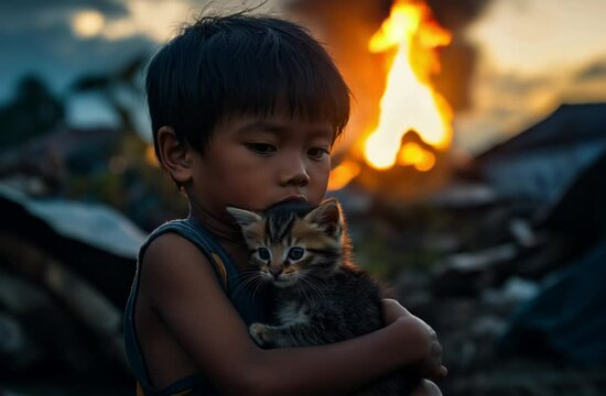 a little boy holding a kitten in his arms as they gaze at each other, with an explosion in the distance.