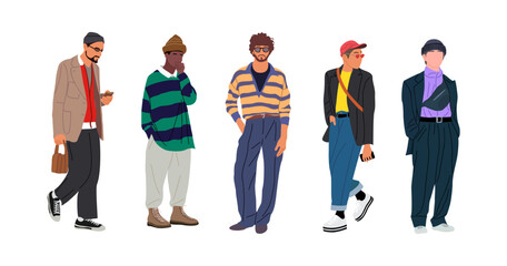 Street fashion men. Different guys walking, wearing trendy modern outfit, jeans, cap, jacket, sneakers, sunglasses . City boys urban look vector realistic illustration isolated on white background.
