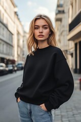 Fototapeta premium A young woman stands confidently on a city street, wearing a black sweatshirt mockup and light blue jeans. Her long, blonde hair falls loosely around her shoulders. 