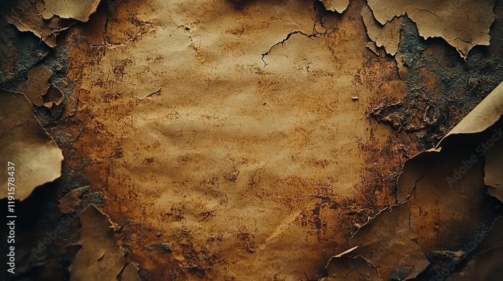 Poster old parchment with weathered texture and peeling edges in a rustic setting of aged materials