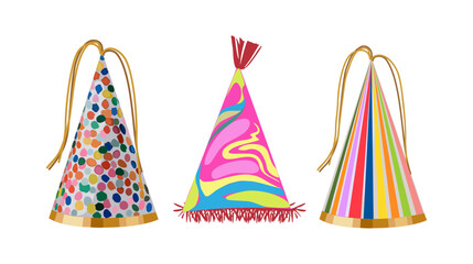 Set of Birthday party hats isolated on white background. Party cones with cute decorations. Birthday Colorful Cap vector illustrations.