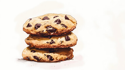 Three chocolate chip cookies stacked on a white background. Treetide. Illustration