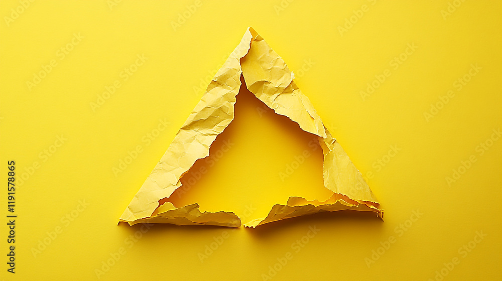Poster torn yellow paper creating a triangle shape on a bright yellow background