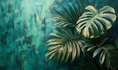 Place a lush palm leaf against a vibrant tropical backdrop