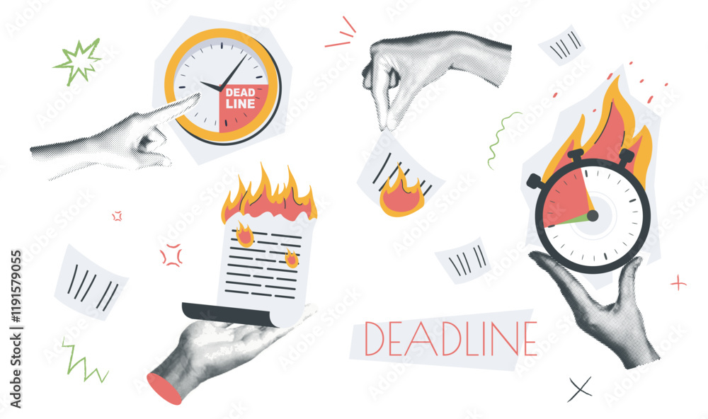 Aufkleber Deadline vintage collage conception set in retro halftone design. Collection with hands holding burning documents and countdown alarmclock, pointing to clock with time ending. Vector illustration.