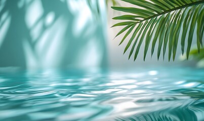 an abstract composition where the wavy water texture and palm leaf form a harmonious