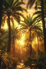 A vibrant sunset through lush palm trees, creating a tropical paradise with golden sunlight filtering through leaves.