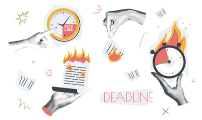 Deadline vintage collage conception set in retro halftone design. Collection with hands holding burning documents and countdown alarmclock, pointing to clock with time ending. Vector illustration.