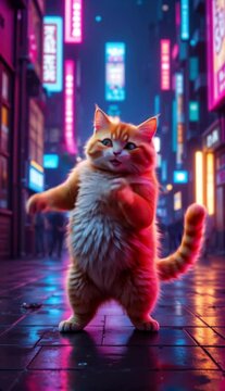 A chubby ginger cat standing on two paws, dancing joyfully under neon holographic lights, with a cyberpunk-inspired cityscape in the background