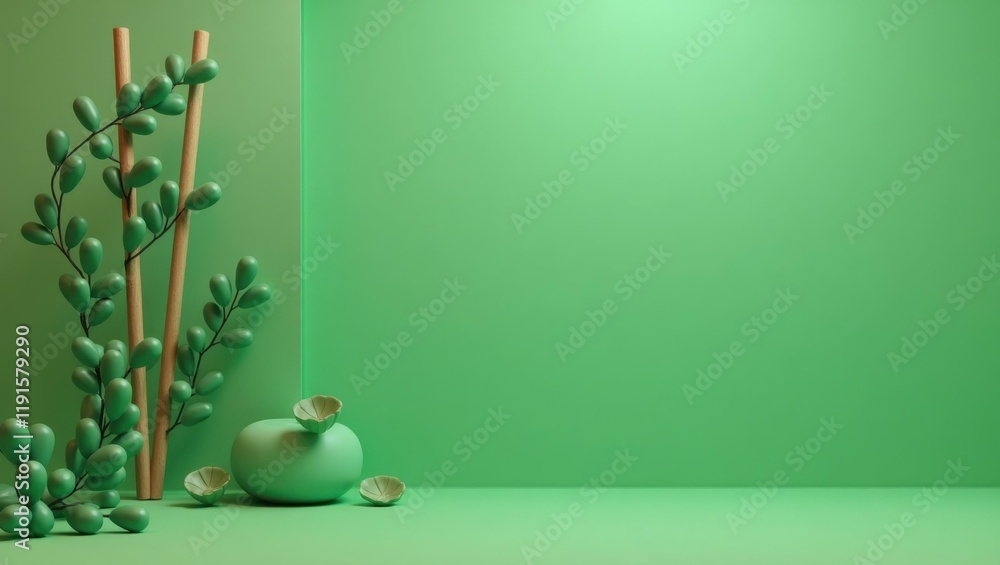 Poster sage green incense stick on left. soft black background. copy space for text, 3d render ai generated