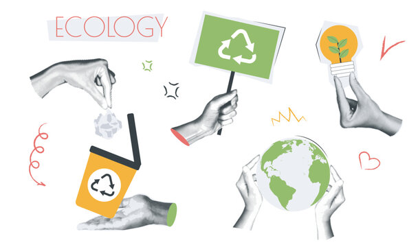 Ecology vintage collage conception set in retro halftone design. Collection with hands holding planet Earth or electricity save light bulb, putting trash into recycling bins. Vector illustration.