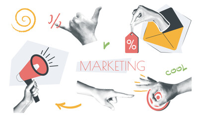 Marketing vintage collage conception set in retro halftone design. Collection with hands holding loudspeaker, targeting, doing email promo announcement with discount coupons. Vector illustration.