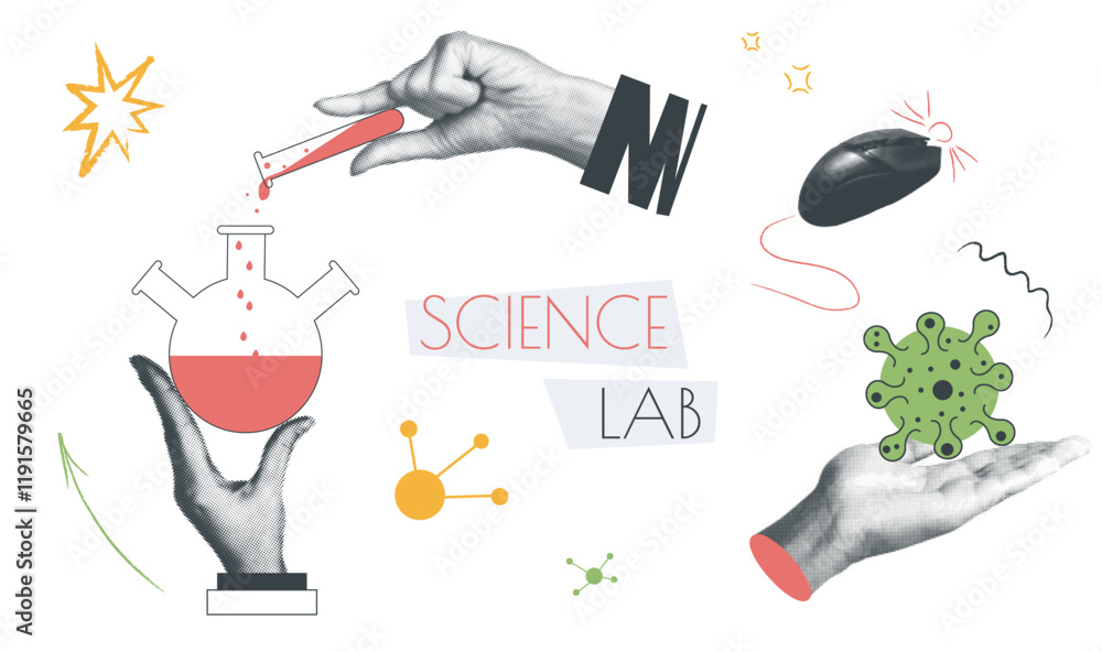 Aufkleber science lab vintage collage conception set in retro halftone design. collection with hands holds tes