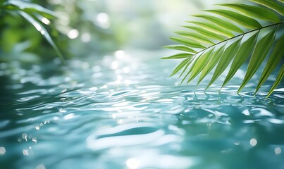 an abstract composition where the wavy water texture and palm leaf form a harmonious