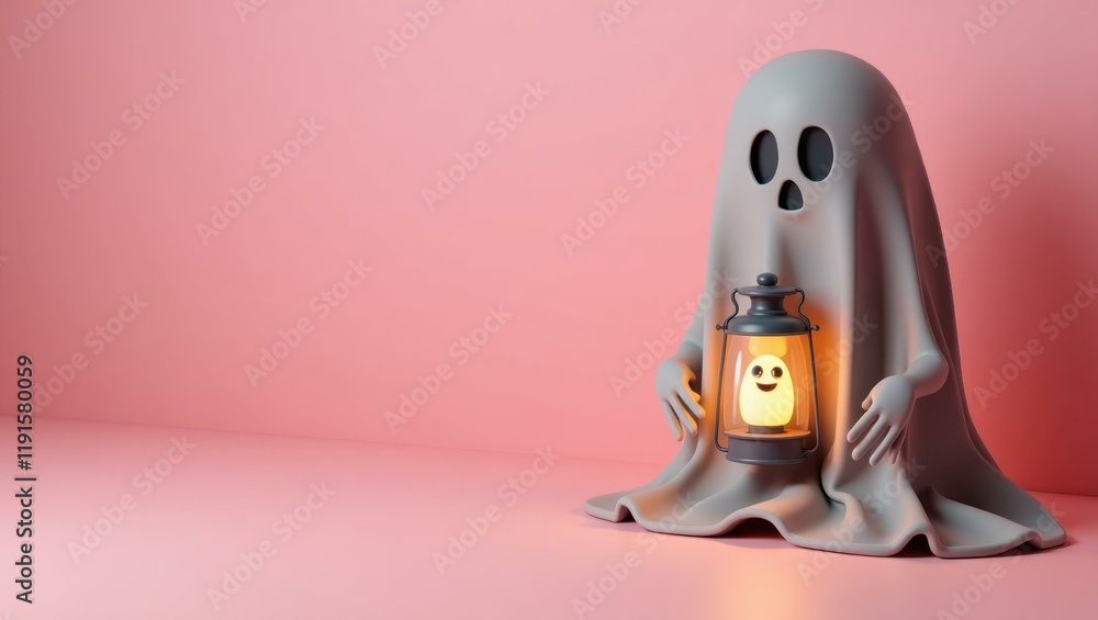 Poster ghostly gray creepy lantern on right. soft white background. copy space for text, 3d render ai gener