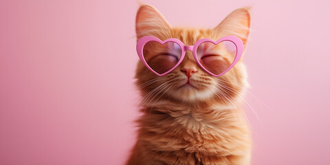 Gato pardo con gafas de sol con forma de corazón sobre fondo rosa