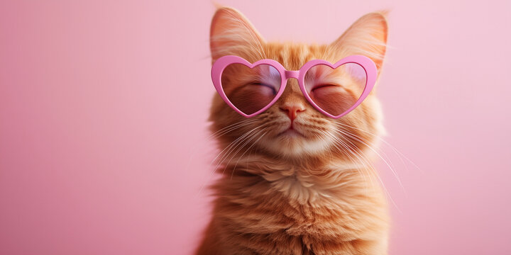 Gato pardo con gafas de sol con forma de coraz&oacute;n sobre fondo rosa