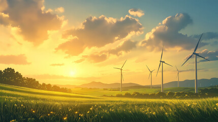 Peaceful Countryside Wind Farm at Sunrise with Renewable Energy