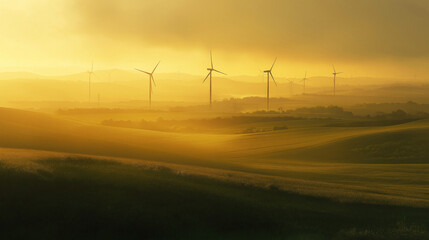 Fototapeta premium Peaceful Countryside Wind Farm at Sunrise with Renewable Energy