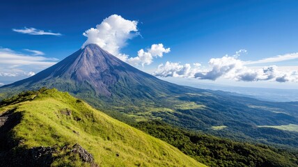 Fototapeta premium Majestic volcano surrounded by lush green landscape and blue sky