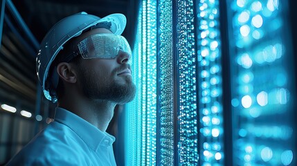 Caucasian male engineer in virtual reality glasses exploring futuristic data center