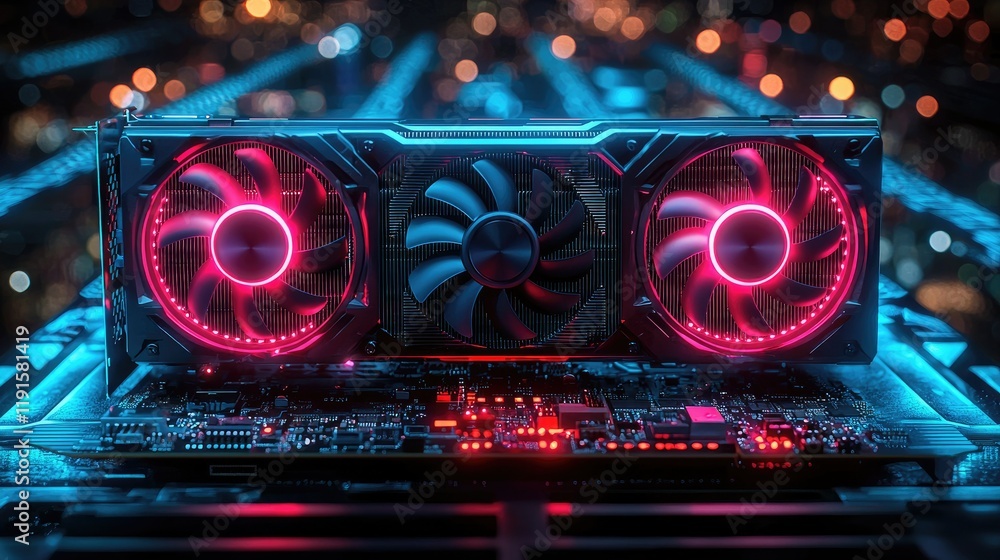 Poster illuminated graphics card with triple fans and circuitry