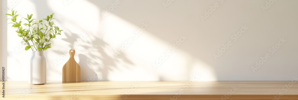 Poster sunlight streams into a minimalist kitchen, illuminating a wooden counter holding a vase of white fl