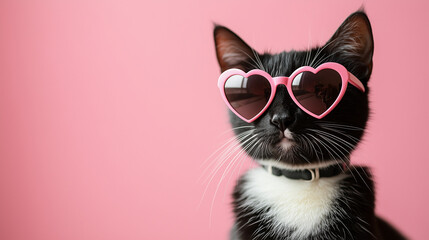 Gato blanco y negro con gafas de sol con forma de corazón sobre fondo rosa