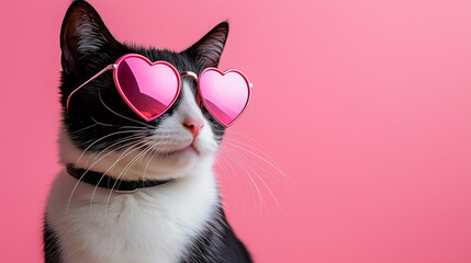 Gato blanco y negro con gafas de sol con forma de corazón sobre fondo rosa