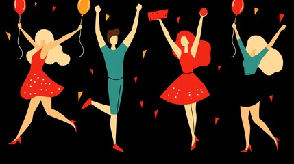 Four joyful people celebrating with balloons and confetti.