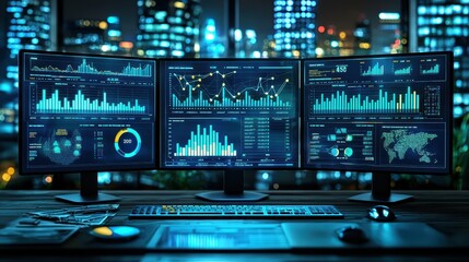 Obraz premium High-tech data analysis setup with three monitors displaying interactive graphs in a city office