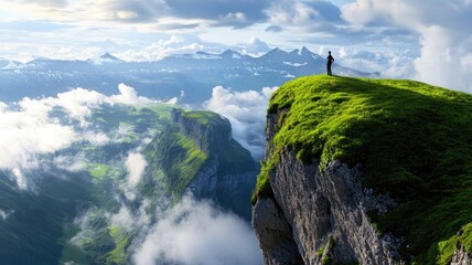Person standing on grassy cliff edge, overlooking vast mountain landscape cloudy day