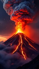 Volcanic eruption with glowing lava flows and plume of ash against a sunset sky