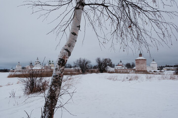 View of the Kirillo-Belozersky Monastery from the lake side through the trees. Vologda Region