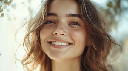 Fototapeta premium Smiling young woman with tousled hair enjoying a sunny day outdoors in a natural setting