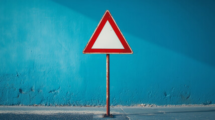 Red triangular traffic sign against a blue wall.
