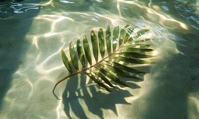 a palm leaf resting on the surface of crystal-clear, tropical water