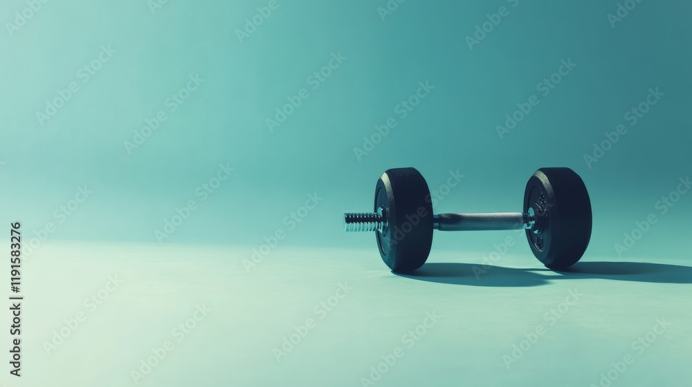 Aufkleber black dumbbell lying on a teal floor with matching teal background creates a minimalist composition 