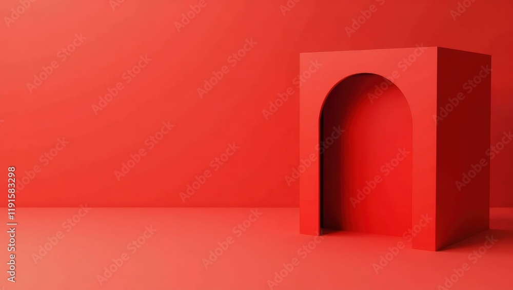 Poster garnet red vault on left. soft yellow background. copy space for text, 3d render ai generated design